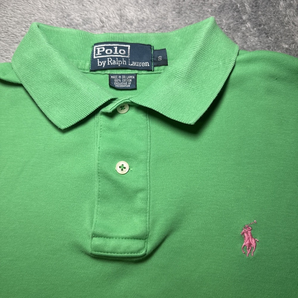 VTG Polo Ralph Lauren Men's Small Short Sleeve Green Polo Shirt Pink Pony Cotton